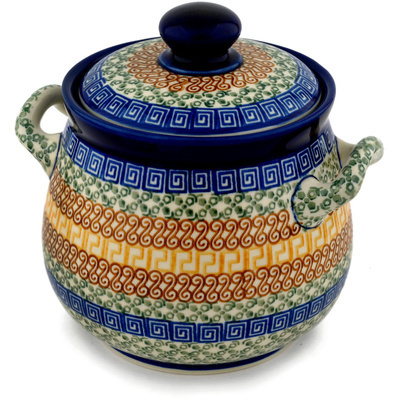 Polish Pottery Jar with Lid and Handles 7&quot; Grecian Sea