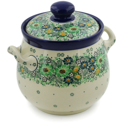 Polish Pottery Jar with Lid and Handles 7&quot; Green Wreath UNIKAT