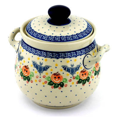 Polish Pottery Jar with Lid and Handles 7&quot; Happy Halloween