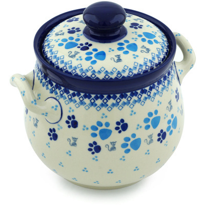 Polish Pottery Jar with Lid and Handles 7&quot; Kitty Paws