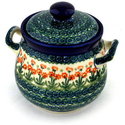 Polish Pottery Jar with Lid and Handles 7&quot; Peach Spring Daisy