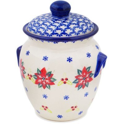Polish Pottery Jar with Lid and Handles 7&quot; Poinsettia Charm