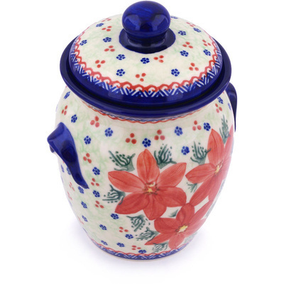Polish Pottery Jar with Lid and Handles 7&quot; Poinsettia UNIKAT