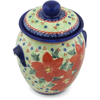 Polish Pottery Jar with Lid and Handles 7&quot; Poinsettia UNIKAT