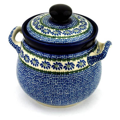 Polish Pottery Jar with Lid and Handles 7&quot; Polka Dot Daisy