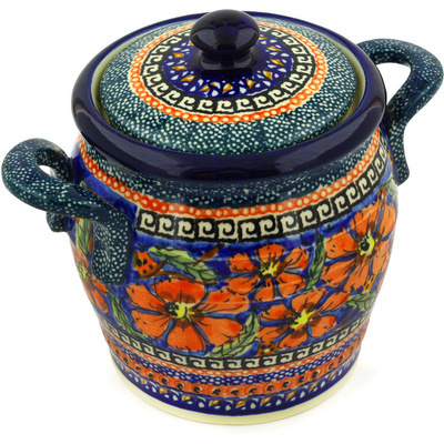 Polish Pottery Jar with Lid and Handles 7&quot; Poppies UNIKAT