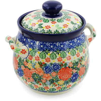 Polish Pottery Jar with Lid and Handles 7&quot; Red Bouquet UNIKAT
