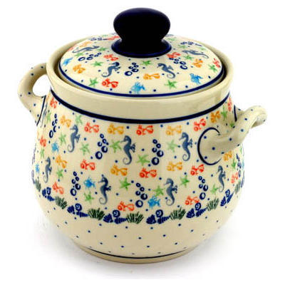 Polish Pottery Jar with Lid and Handles 7&quot; Seaside Splendor