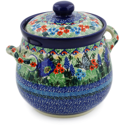 Polish Pottery Jar with Lid and Handles 7&quot; Summer Landscape UNIKAT