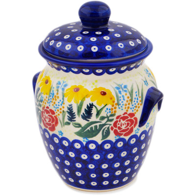 Polish Pottery Jar with Lid and Handles 7&quot; Summer&#039;s Garden UNIKAT