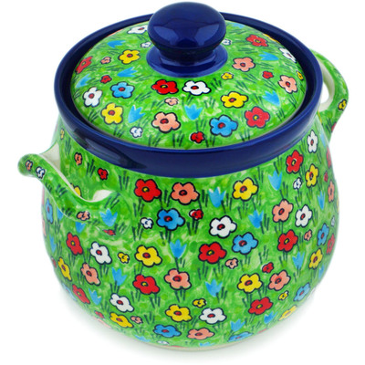 Polish Pottery Jar with Lid and Handles 7&quot; Whimsical Garden UNIKAT