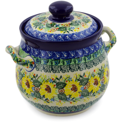 Polish Pottery Jar with Lid and Handles 7&quot; Yellow Garden UNIKAT
