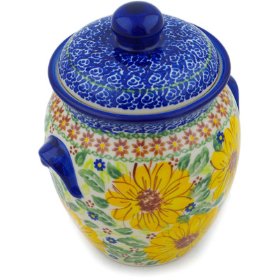 Polish Pottery Jar with Lid and Handles 7&quot; Yellow Petal Bliss UNIKAT