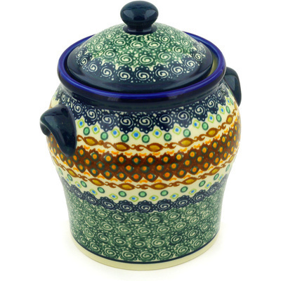 Polish Pottery Jar with Lid and Handles 8&quot; Artichoke Heart UNIKAT