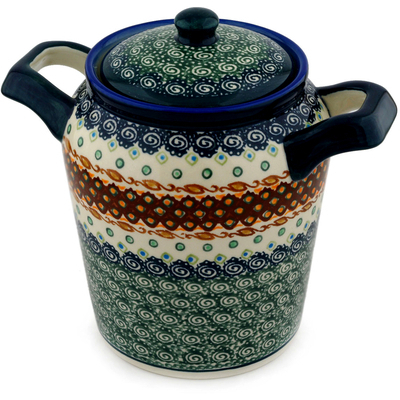 Polish Pottery Jar with Lid and Handles 8&quot; Artichoke Heart UNIKAT