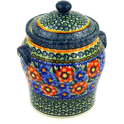 Polish Pottery Jar with Lid and Handles 8&quot; Blue And Red Poppies UNIKAT