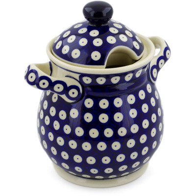Polish Pottery Jar with Lid and Handles 8&quot; Blue Eyed Peacock