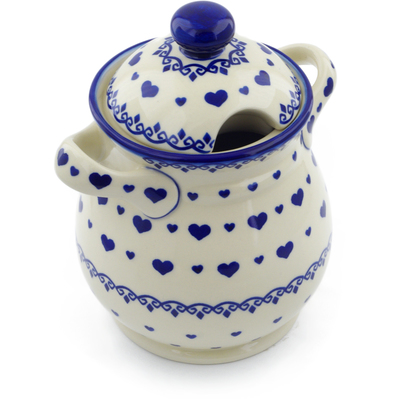 Polish Pottery Jar with Lid and Handles 8&quot; Blue Valentine Hearts