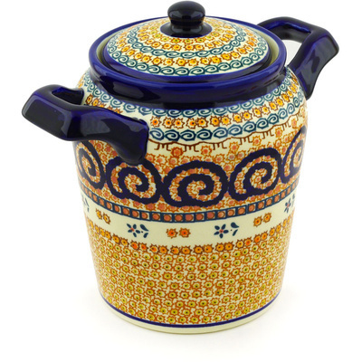 Polish Pottery Jar with Lid and Handles 8&quot; Cinnamon Swirl UNIKAT