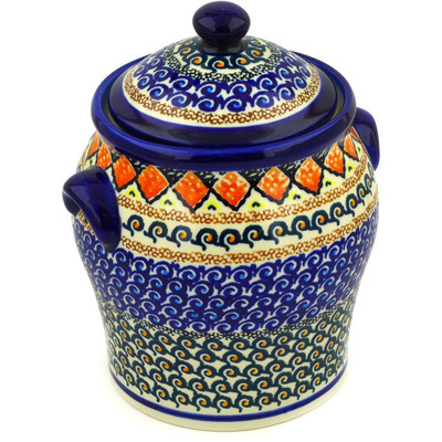 Polish Pottery Jar with Lid and Handles 8&quot; Coral Diamonds UNIKAT