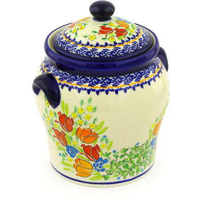 Polish Pottery Jar with Lid and Handles 8&quot; Couronne De Feuillage UNIKAT