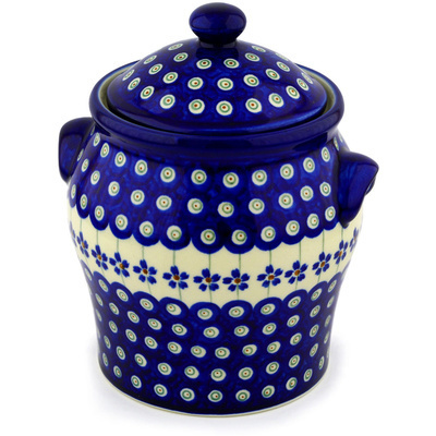 Polish Pottery Jar with Lid and Handles 8&quot; Flowering Peacock