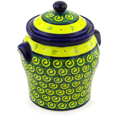 Polish Pottery Jar with Lid and Handles 8&quot; Green Peacock Swirls