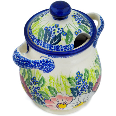 Polish Pottery Jar with Lid and Handles 8&quot; Maroon Blossoms UNIKAT