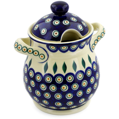 Polish Pottery Jar with Lid and Handles 8&quot; Peacock