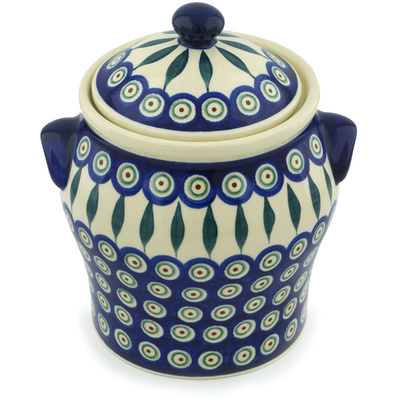 Polish Pottery Jar with Lid and Handles 8&quot; Peacock Leaves