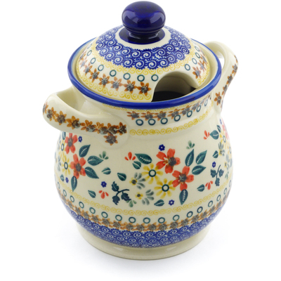 Polish Pottery Jar with Lid and Handles 8&quot; Red Anemone Meadow UNIKAT