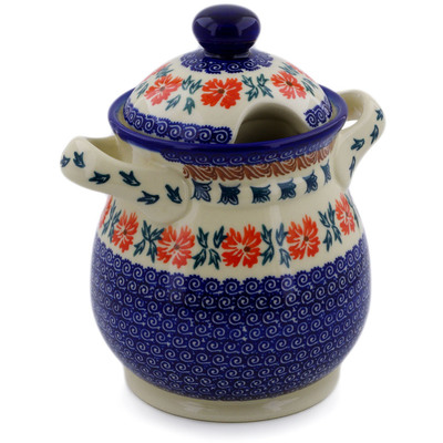 Polish Pottery Jar with Lid and Handles 8&quot; Red Cornflower