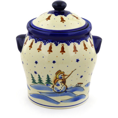 Polish Pottery Jar with Lid and Handles 8&quot; Snowman Bells