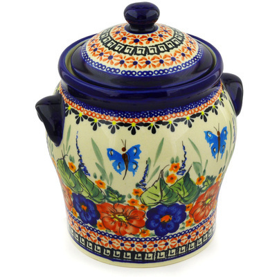Polish Pottery Jar with Lid and Handles 8&quot; Spring Splendor UNIKAT