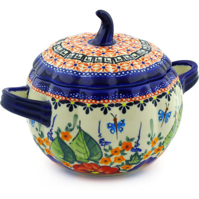 Polish Pottery Jar with Lid and Handles 8&quot; Spring Splendor UNIKAT