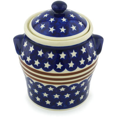 Polish Pottery Jar with Lid and Handles 8&quot; Stars And Stripes