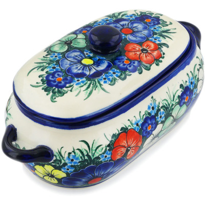 Polish Pottery Jar with Lid and Handles 8&quot; Summertime Blues UNIKAT