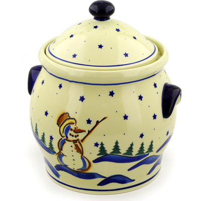 Polish Pottery Jar with Lid and Handles 8&quot; Winter Snowman