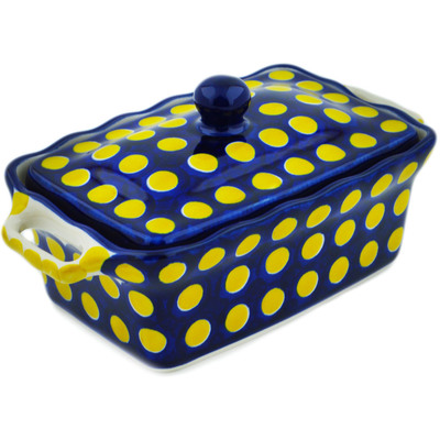 Polish Pottery Jar with Lid and Handles 8&quot; Yellow Dots