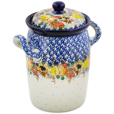 Polish Pottery Jar with Lid and Handles 9&quot; Autumn Falling Leaves UNIKAT