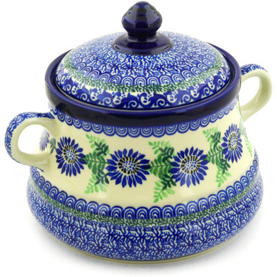 Polish Pottery Jar with Lid and Handles 9&quot; Azure Morning Blossoms