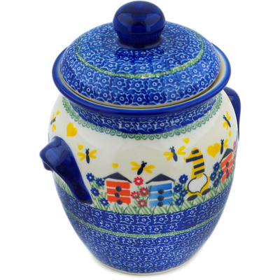Polish Pottery Jar with Lid and Handles 9&quot; Beekeeper Gnome UNIKAT