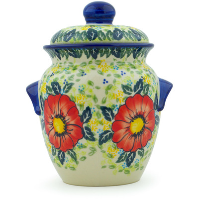 Polish Pottery Jar with Lid and Handles 9&quot; Bloom Tales UNIKAT