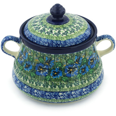 Polish Pottery Jar with Lid and Handles 9&quot; Bloomimg Meadow UNIKAT