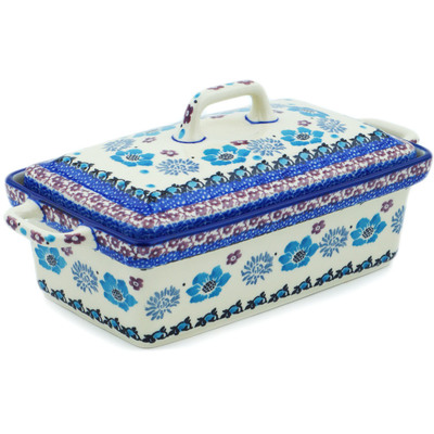 Polish Pottery Jar with Lid and Handles 9&quot; Blooming Blues