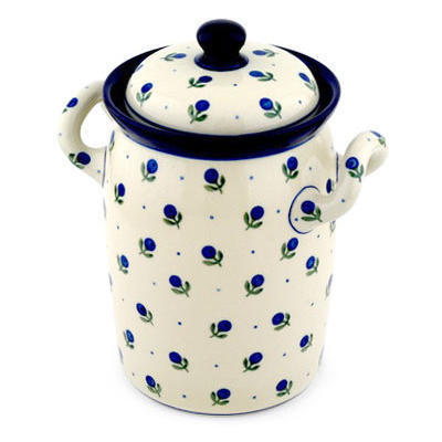 Polish Pottery Jar with Lid and Handles 9&quot; Blue Buds