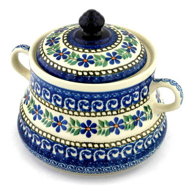 Polish Pottery Jar with Lid and Handles 9&quot; Blue Daisy Swirls