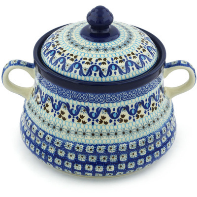 Polish Pottery Jar with Lid and Handles 9&quot; Blue Ice