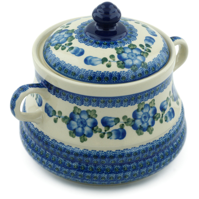 Polish Pottery Jar with Lid and Handles 9&quot; Blue Poppies