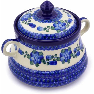 Polish Pottery Jar with Lid and Handles 9&quot; Blue Poppies